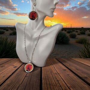 New! Silver Cactus Pendant Necklace and Earring Set